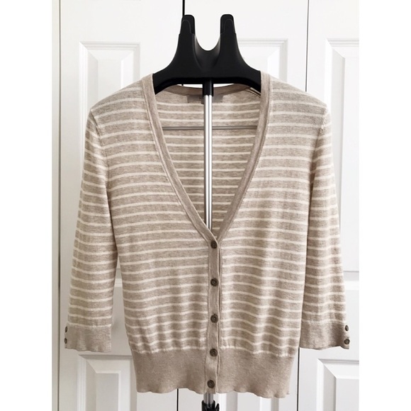 LOFT Sz XS Chic Taupe / White Striped V-Neck Cardi - Picture 1 of 7
